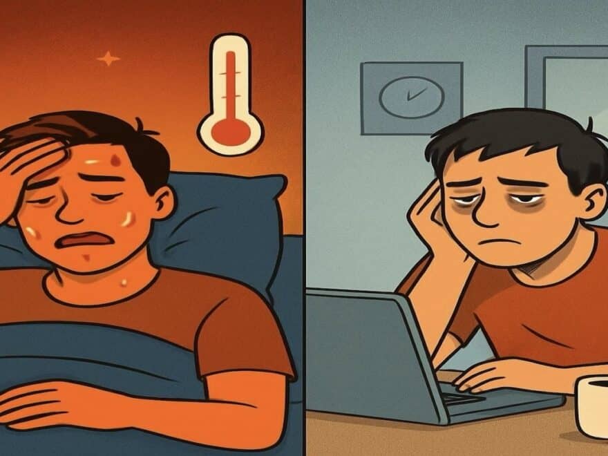 Diptych created using ChatGPT shows person sweating in bed at night on left, thermometer above, then looking tired at desk in office on right.