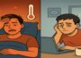 Diptych created using ChatGPT shows person sweating in bed at night on left, thermometer above, then looking tired at desk in office on right.