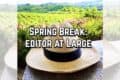 Image of Panama hat on rustic table, with sunny green fields to horizon in background, plus "Spring Break: editor at Large" overwritten in white.