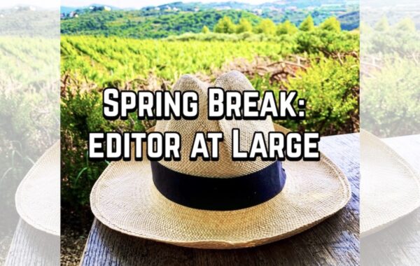 Image of Panama hat on rustic table, with sunny green fields to horizon in background, plus "Spring Break: editor at Large" overwritten in white.