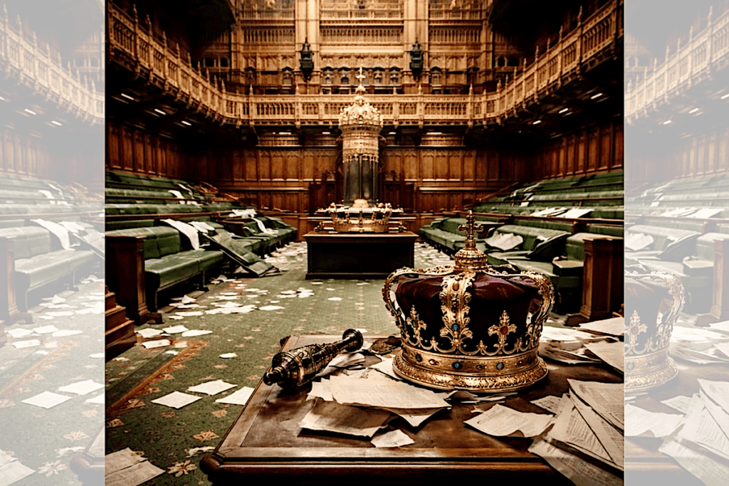 Square ChatGPT of empty House of Commons interior, papers everywhere, Royal crown and mace foreground; faded duplicate 25% panels L & R
