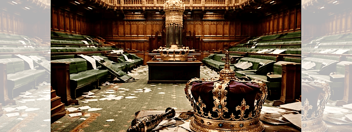 Square ChatGPT of empty House of Commons interior, papers everywhere, Royal crown and mace foreground; faded duplicate 25% panels L & R