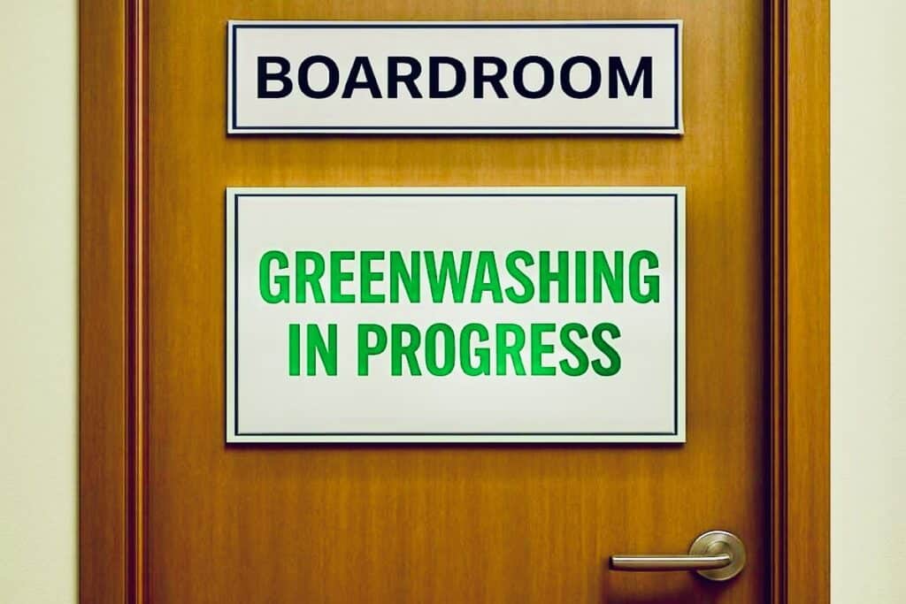 Image created using ChatGPT shows close-up of wooden office door: top sign says BOARDROOM; sign below GREENWASHING IN PROGRESS.