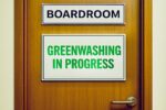 Image created using ChatGPT shows close-up of wooden office door: top sign says BOARDROOM; sign below GREENWASHING IN PROGRESS.