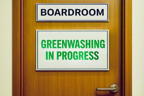 Image created using ChatGPT shows close-up of wooden office door: top sign says BOARDROOM; sign below GREENWASHING IN PROGRESS.