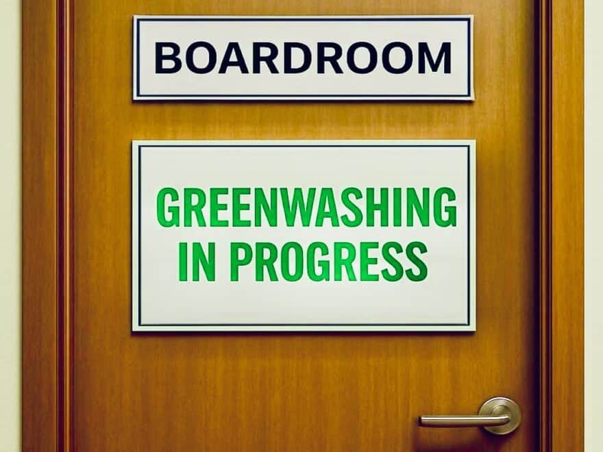 Image created using ChatGPT shows close-up of wooden office door: top sign says BOARDROOM; sign below GREENWASHING IN PROGRESS.