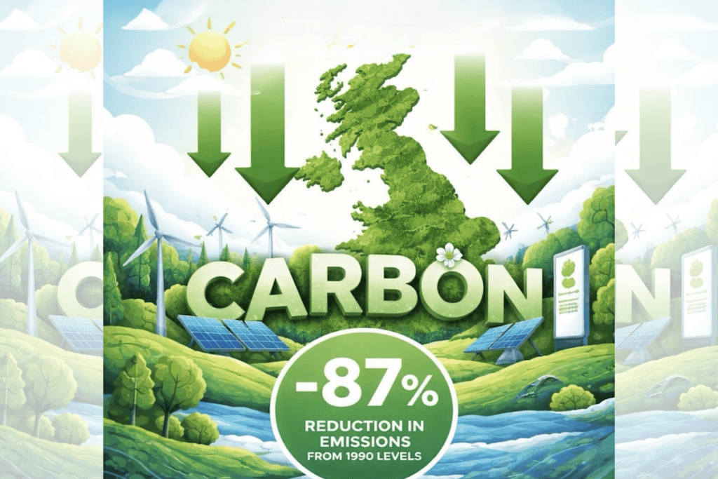 Square ChatGPT of fields, trees stream; wind turbines, solar; 'CARBON' written in middle; '-87% REDUCTION IN EMISSIONS FROM 1990 LEVELS' in white-rimmed green circle at base; faded duplicate 25% panels L & R.