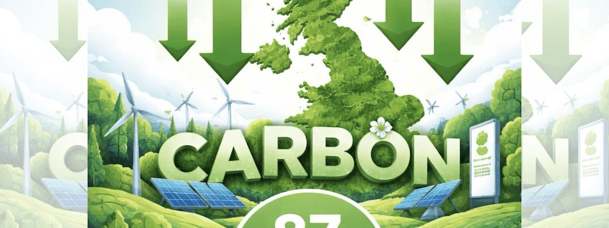 Square ChatGPT of fields, trees stream; wind turbines, solar; 'CARBON' written in middle; '-87% REDUCTION IN EMISSIONS FROM 1990 LEVELS' in white-rimmed green circle at base; faded duplicate 25% panels L & R.