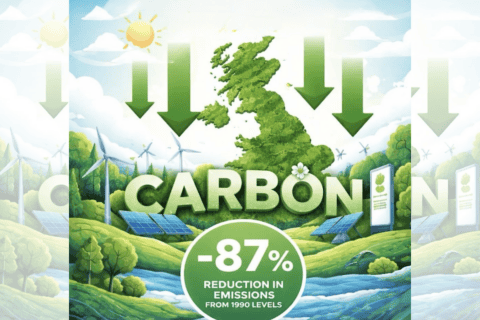 Square ChatGPT of fields, trees stream; wind turbines, solar; 'CARBON' written in middle; '-87% REDUCTION IN EMISSIONS FROM 1990 LEVELS' in white-rimmed green circle at base; faded duplicate 25% panels L & R.