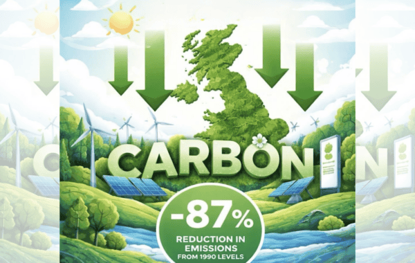 Square ChatGPT of fields, trees stream; wind turbines, solar; 'CARBON' written in middle; '-87% REDUCTION IN EMISSIONS FROM 1990 LEVELS' in white-rimmed green circle at base; faded duplicate 25% panels L & R.