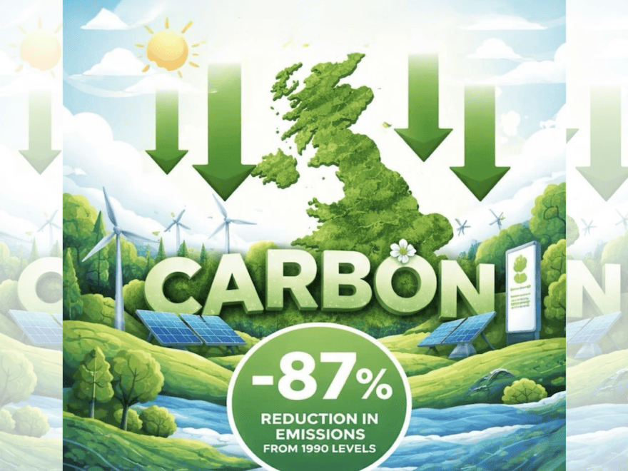 Square ChatGPT of fields, trees stream; wind turbines, solar; 'CARBON' written in middle; '-87% REDUCTION IN EMISSIONS FROM 1990 LEVELS' in white-rimmed green circle at base; faded duplicate 25% panels L & R.