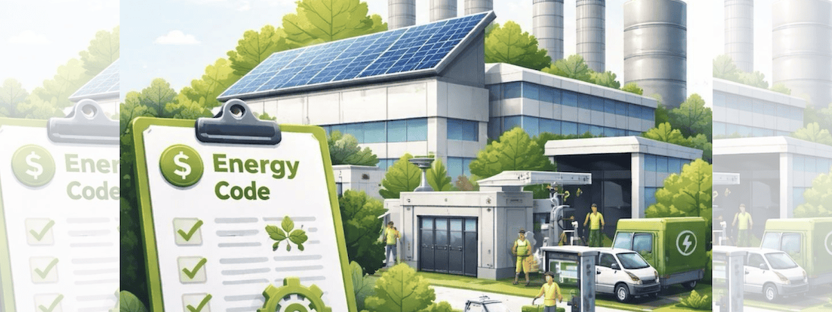 Square ChatGPT of factory with solar, green trees and EVs, plus Energy Code tick sheet clipboard in foreground; faded duplicate 25% panels L & R.