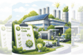 Square ChatGPT of factory with solar, green trees and EVs, plus Energy Code tick sheet clipboard in foreground; faded duplicate 25% panels L & R.