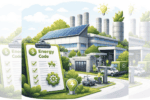 Square ChatGPT of factory with solar, green trees and EVs, plus Energy Code tick sheet clipboard in foreground; faded duplicate 25% panels L & R.