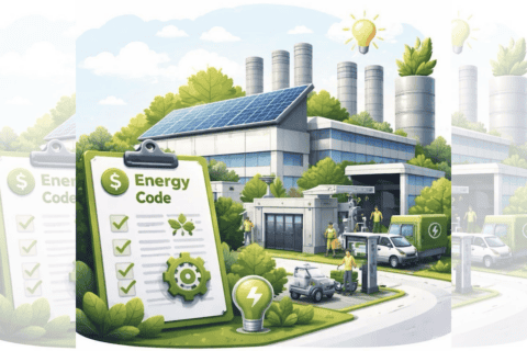 Square ChatGPT of factory with solar, green trees and EVs, plus Energy Code tick sheet clipboard in foreground; faded duplicate 25% panels L & R.