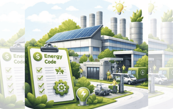 Square ChatGPT of factory with solar, green trees and EVs, plus Energy Code tick sheet clipboard in foreground; faded duplicate 25% panels L & R.