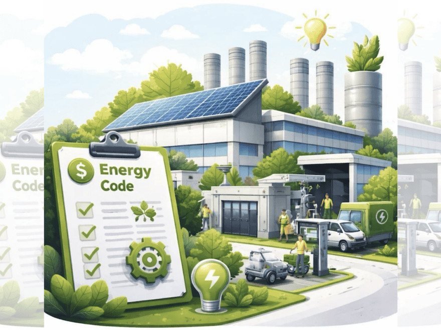 Square ChatGPT of factory with solar, green trees and EVs, plus Energy Code tick sheet clipboard in foreground; faded duplicate 25% panels L & R.