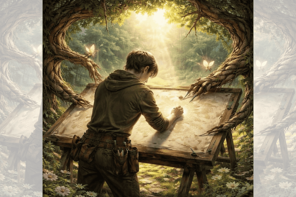 Square ChatGPT of designer from back at drafting desk in forest; fireflies on tree branches framing and helping; faded duplicate 25% panels L & R.