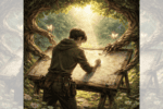 Square ChatGPT of designer from back at drafting desk in forest; fireflies on tree branches framing and helping; faded duplicate 25% panels L & R.