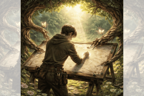 Square ChatGPT of designer from back at drafting desk in forest; fireflies on tree branches framing and helping; faded duplicate 25% panels L & R.