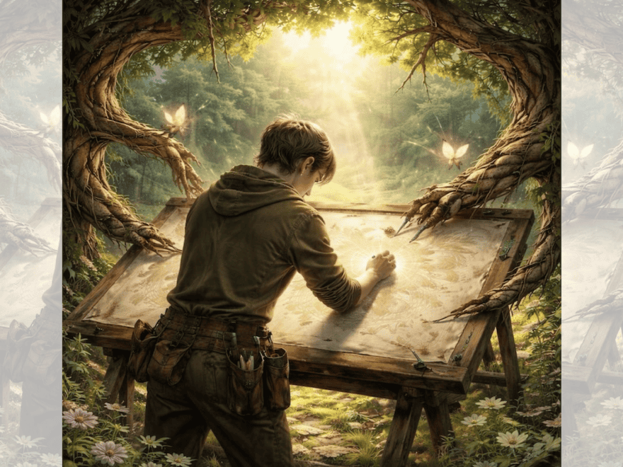 Square ChatGPT of designer from back at drafting desk in forest; fireflies on tree branches framing and helping; faded duplicate 25% panels L & R.