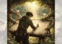 Square ChatGPT of designer from back at drafting desk in forest; fireflies on tree branches framing and helping; faded duplicate 25% panels L & R.