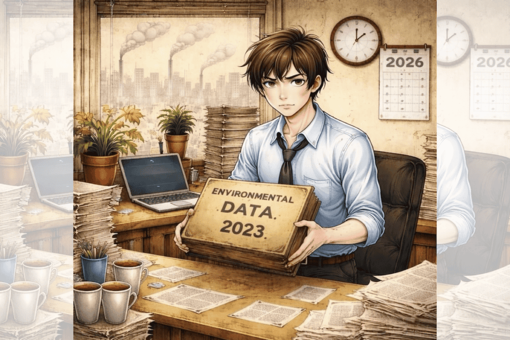 Square ChatGPT of frowning office worker at desk in open-neck shirt and tie, surrounded by papers and coffee, holding box of 'Environmental Data 2023', 2026 calendar on wall behind; faded duplicate 25% panels L & R.