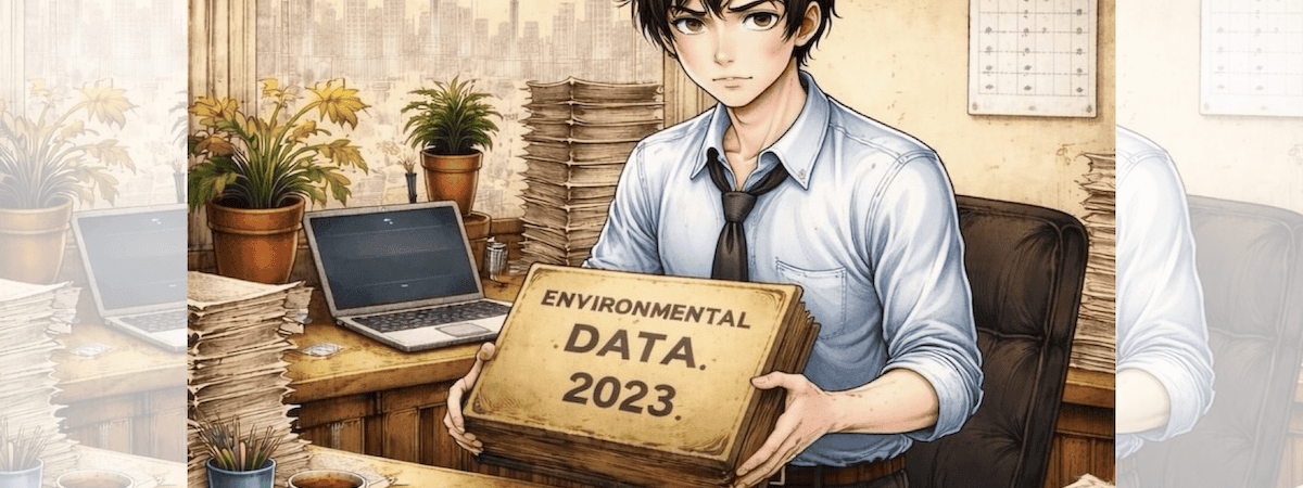 Square ChatGPT of frowning office worker at desk in open-neck shirt and tie, surrounded by papers and coffee, holding box of 'Environmental Data 2023', 2026 calendar on wall behind; faded duplicate 25% panels L & R.