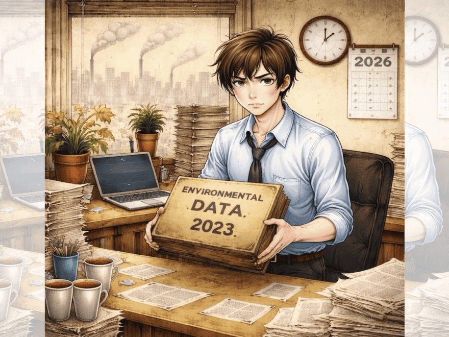 Square ChatGPT of frowning office worker at desk in open-neck shirt and tie, surrounded by papers and coffee, holding box of 'Environmental Data 2023', 2026 calendar on wall behind; faded duplicate 25% panels L & R.