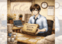 Square ChatGPT of frowning office worker at desk in open-neck shirt and tie, surrounded by papers and coffee, holding box of 'Environmental Data 2023', 2026 calendar on wall behind; faded duplicate 25% panels L & R.