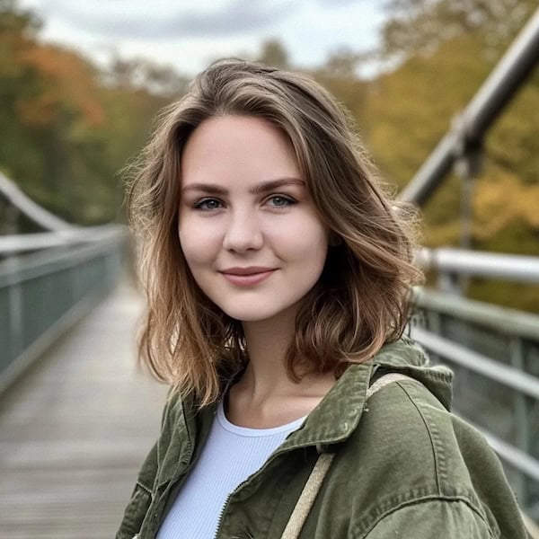 Beth Rush outdoors on bridge, looking left and into camera, smiling; brown hair down, green coat over white top, bag strap over left shoulder.