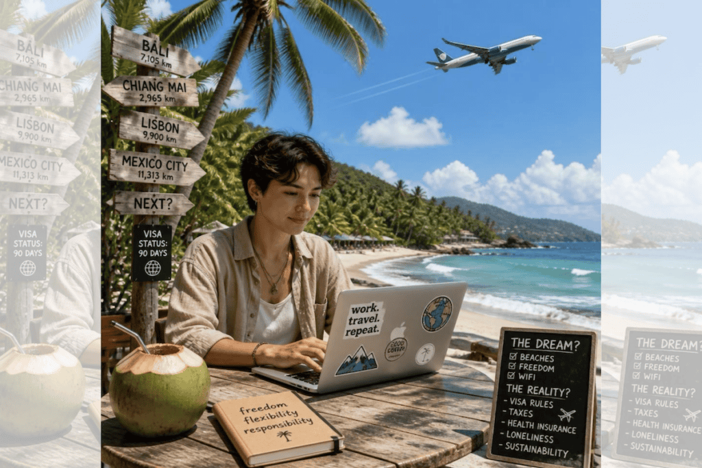 Square ChatGPT of person working at laptop at beachfront table under palm tree, destinations signpost behind; chalkboard to fore lists pros and cons; airplane overhead behind; faded duplicate 25% panels L & R.
