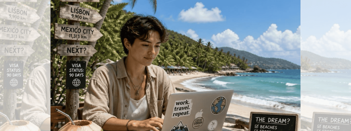 Square ChatGPT of person working at laptop at beachfront table under palm tree, destinations signpost behind; chalkboard to fore lists pros and cons; airplane overhead behind; faded duplicate 25% panels L & R.