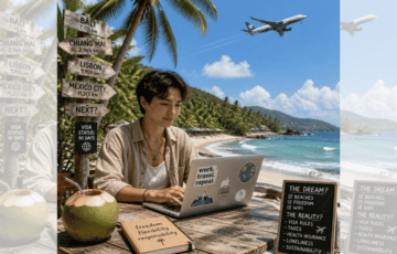 Square ChatGPT of person working at laptop at beachfront table under palm tree, destinations signpost behind; chalkboard to fore lists pros and cons; airplane overhead behind; faded duplicate 25% panels L & R.