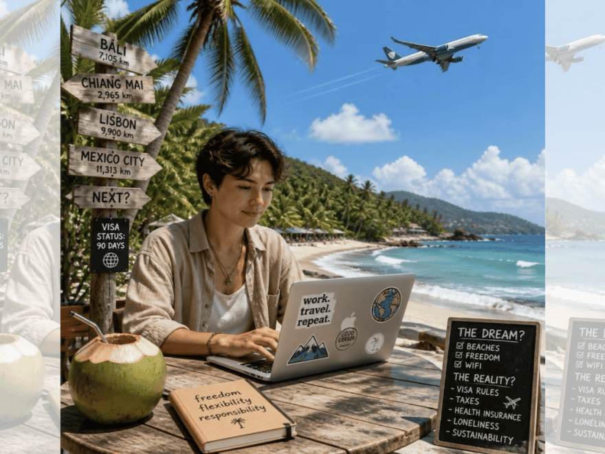 Square ChatGPT of person working at laptop at beachfront table under palm tree, destinations signpost behind; chalkboard to fore lists pros and cons; airplane overhead behind; faded duplicate 25% panels L & R.
