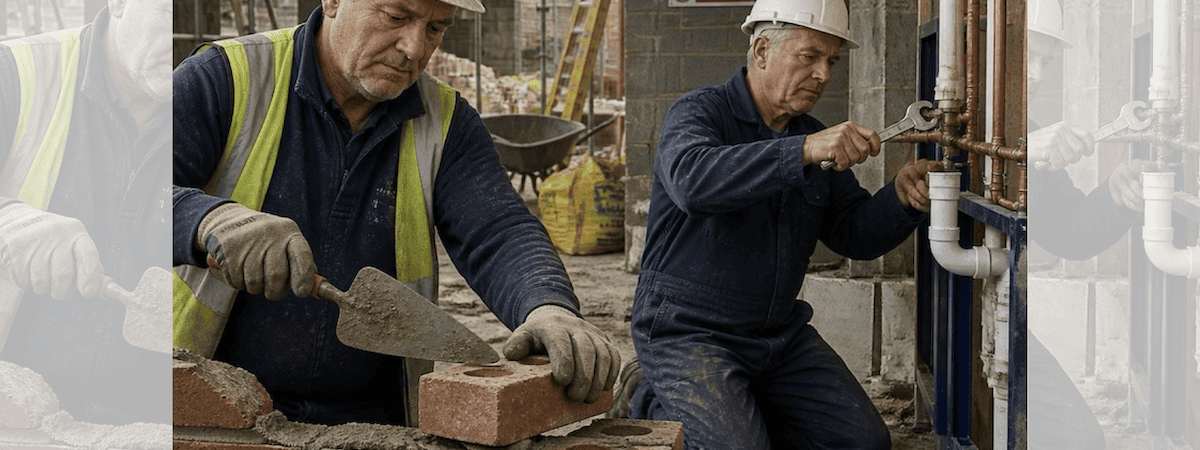 Square ChatGPT of construction site, ageing workers in hard hats; bricklayer in high-vis (L) and plumber in boiler suit (R); faded duplicate 25% panels L & R.