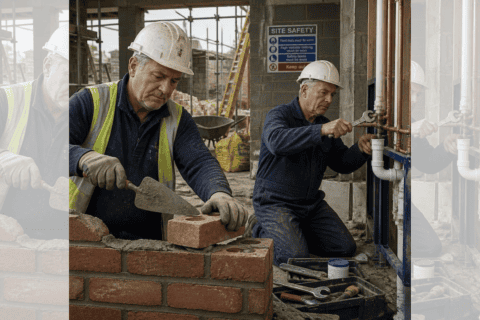 Square ChatGPT of construction site, ageing workers in hard hats; bricklayer in high-vis (L) and plumber in boiler suit (R); faded duplicate 25% panels L & R.