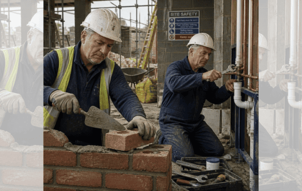 Square ChatGPT of construction site, ageing workers in hard hats; bricklayer in high-vis (L) and plumber in boiler suit (R); faded duplicate 25% panels L & R.