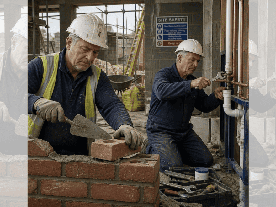 Square ChatGPT of construction site, ageing workers in hard hats; bricklayer in high-vis (L) and plumber in boiler suit (R); faded duplicate 25% panels L & R.