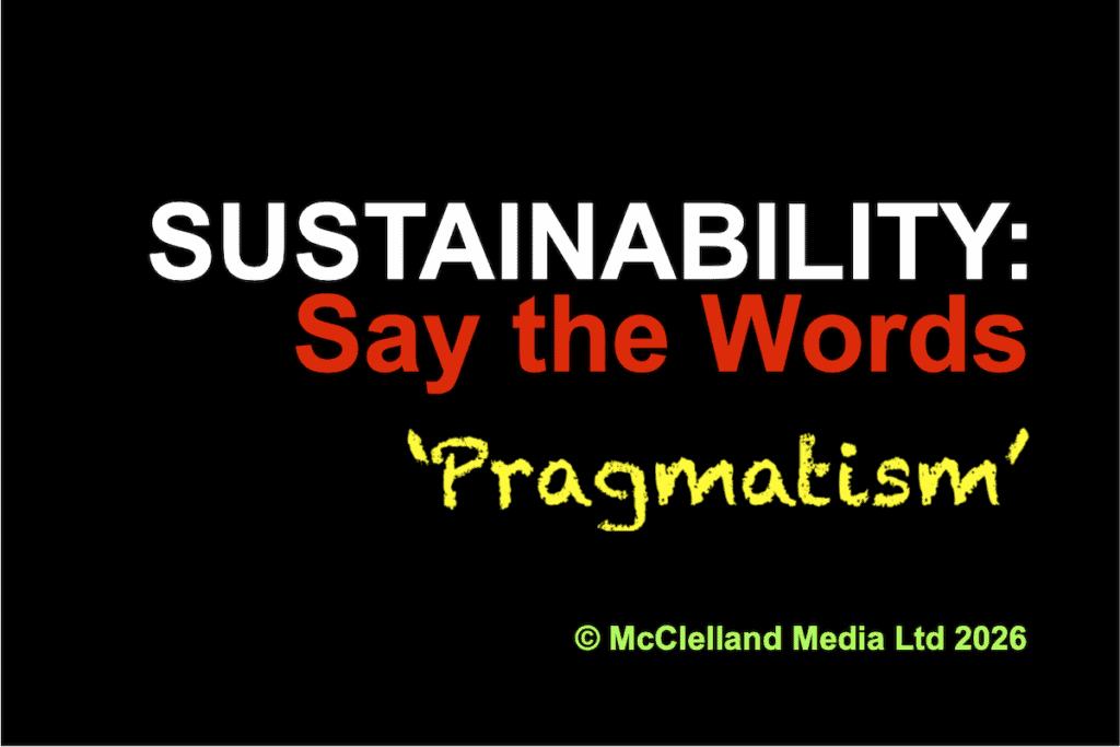 SUSTAINABILITY (in white): Say the Words (red) on black, 'Pragmatism' chalked below (yellow); © McClelland Media Ltd 2026 at base (in green).