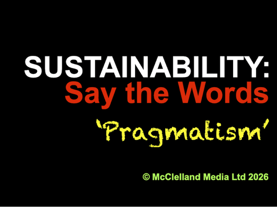SUSTAINABILITY (in white): Say the Words (red) on black, 'Pragmatism' chalked below (yellow); © McClelland Media Ltd 2026 at base (in green).