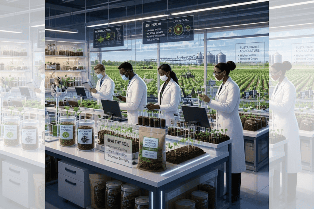 Square ChatGPT of scientists in lab coats, standing at benches with tech screens, surrounded by soil samples and plant incubators, crop fields visible through window behind; faded duplicate 25% panels L & R.