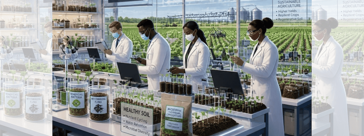 Square ChatGPT of scientists in lab coats, standing at benches with tech screens, surrounded by soil samples and plant incubators, crop fields visible through window behind; faded duplicate 25% panels L & R.