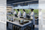 Square ChatGPT of scientists in lab coats, standing at benches with tech screens, surrounded by soil samples and plant incubators, crop fields visible through window behind; faded duplicate 25% panels L & R.