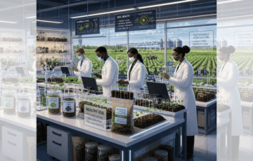 Square ChatGPT of scientists in lab coats, standing at benches with tech screens, surrounded by soil samples and plant incubators, crop fields visible through window behind; faded duplicate 25% panels L & R.