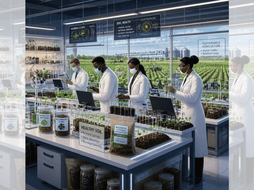 Square ChatGPT of scientists in lab coats, standing at benches with tech screens, surrounded by soil samples and plant incubators, crop fields visible through window behind; faded duplicate 25% panels L & R.