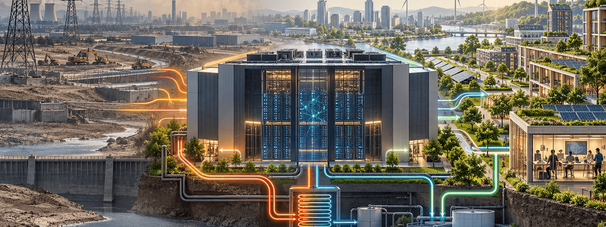 Image generated using Microsoft Copilot to show hi-tech data centre in foreground, by low-water river; cityscape in background; left half of industrial landscape looks barren and polluted, right is green and healthy.