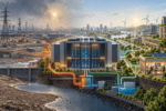 Image generated using Microsoft Copilot to show hi-tech data centre in foreground, by low-water river; cityscape in background; left half of industrial landscape looks barren and polluted, right is green and healthy.