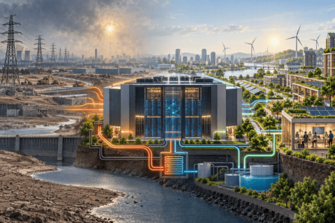 Image generated using Microsoft Copilot to show hi-tech data centre in foreground, by low-water river; cityscape in background; left half of industrial landscape looks barren and polluted, right is green and healthy.