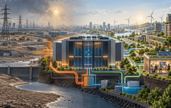 Image generated using Microsoft Copilot to show hi-tech data centre in foreground, by low-water river; cityscape in background; left half of industrial landscape looks barren and polluted, right is green and healthy.